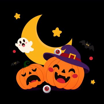 Square Halloween animation on transparent background featuring pumpkins, a witch hat, ghost, moon, bats, and eyeballs.
