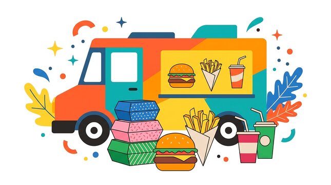 Colorful food truck illustration with fast food snacks and drinks