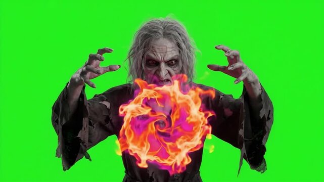 Terrifying Cinematic 4K Evil Witch Conjuring a Flaming Magical Vortex and Casting a Dark Spell on a Green Screen Background