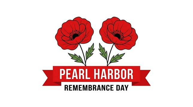Pearl Harbor Remembrance Day graphic with red poppy flowers and ribbon
