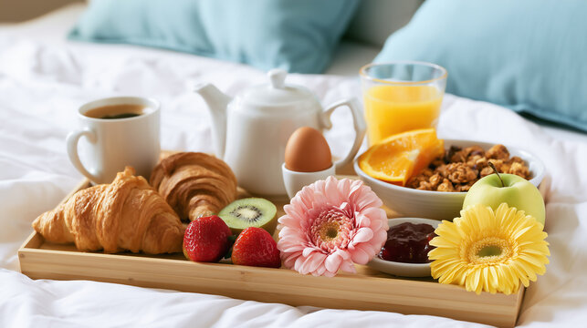 A wooden breakfast tray on white bed sheets holding croissants, a teapot, coffee, orange juice, an egg, fruits, and two fresh flowers.