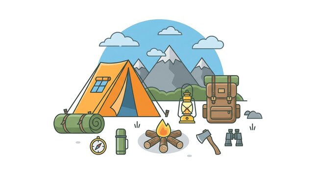 Camping adventure vector illustration with tent and mountain landscape