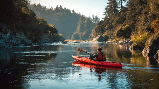 A serene kayaking adventure on calm waters surrounded by nature showcasing a vibrant red kayak and a solitary paddler in a picturesque landscape. Generative AI