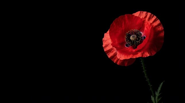Single red poppy flower isolated on black background with copy space