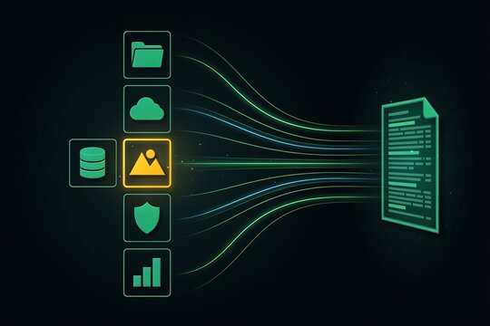 Digital data stream processing from various sources into a centralized information report document with glowing neon lines processing information document technology analytics security database