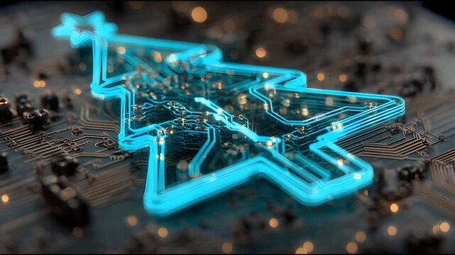 Glowing cyan Christmas tree contour with star on circuit board motherboard and golden bokeh lights (AI Generated)