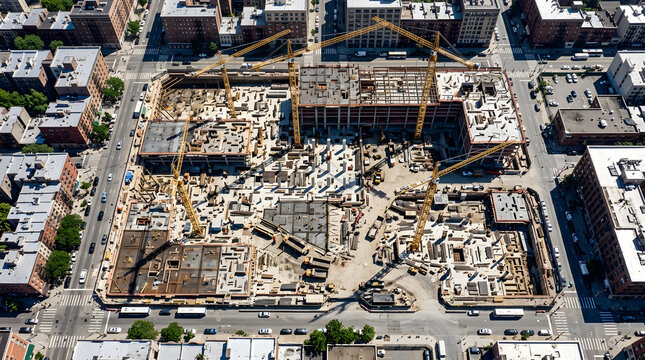 Urban construction site with cranes. An aerial view of a massive construction project in a city, with multiple cranes towering over a complex of unfinished buildings.