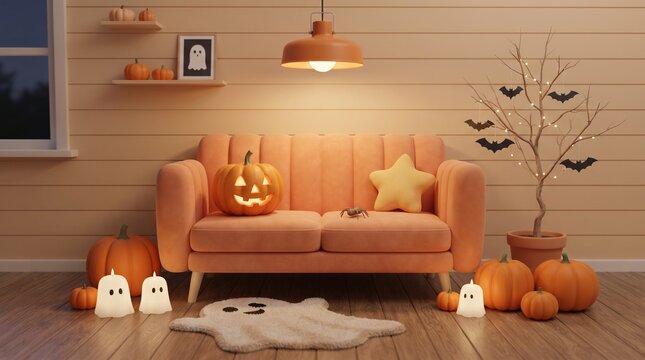 Cozy living room interior decorated for halloween featuring glowing carved pumpkins plush pillows and cute ghost decorations on floor