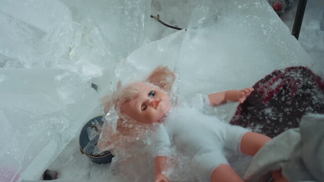 Frozen doll amid shattered lab plastic, icy bubble wrap and scattered sample vials next to cracked radio tattered blanket and frosted glass suggest long abandonment, researcher gloved hand gently