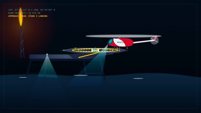 Helicopter Landing on an Offshore Oil Platform at Night with HUD Interface and Flares Graphic