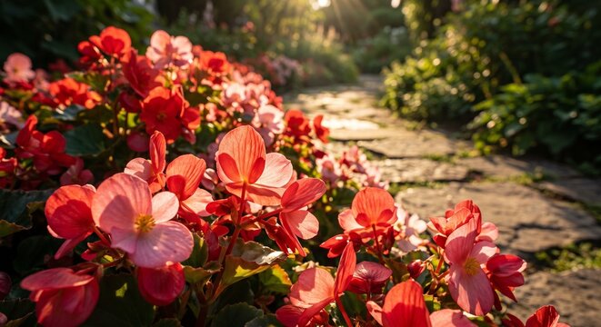 逆光に透ける鮮やかなベゴニアの花びらと庭の小径