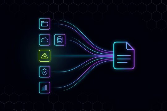 Digital data consolidation flow with neon icons and central file output consolidation workflow integration management document information processing technology abstract software automation