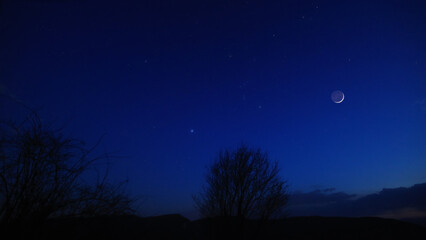 Blue hour time with crescent Moon, stars and planets above landscape silhouettes. © astrosystem