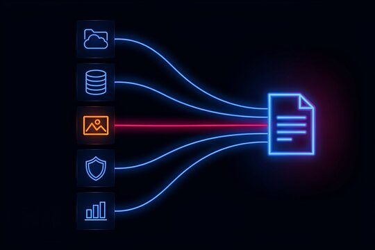 Dynamic data aggregation flow with glowing neon icons and file document aggregation workflow integration management document information processing technology abstract software connectivity