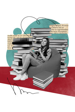 Vertical photo collage of happy student girl sit beanbag library book hold planner pencil think homework isolated on painted background