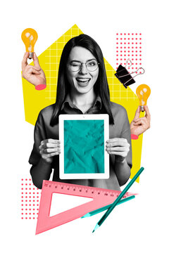 Composite trend artwork 3D image collage of&nbsp;young lady teacher wink hold tablet idea lamp bulb student education supplies triangle