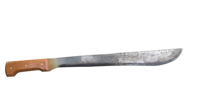 A traditional machete with a weathered-looking metal blade and a wooden handle, isolated against a transparent background.