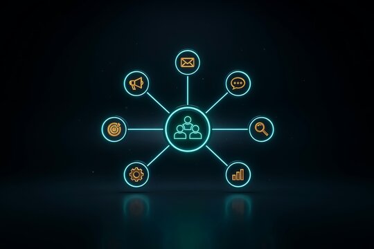 Blue neon glowing business management network mind map with branching icons on dark background business management strategy branches connections communication marketing analytics technology