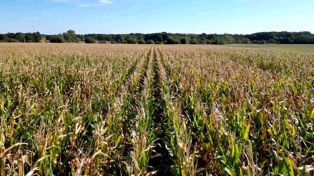Low altitude drone flyover close above mature corn field rows in autumn sunny day