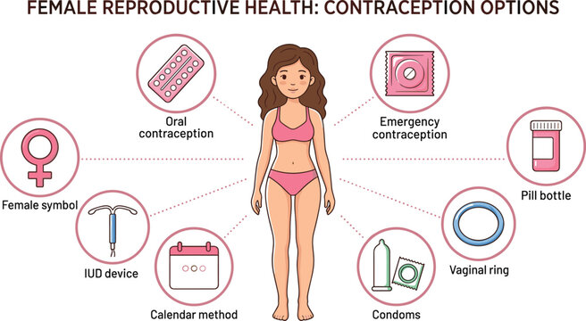 Female reproductive health contraception options infographic vector illustration with birth control methods pills condoms ring and medical icons
