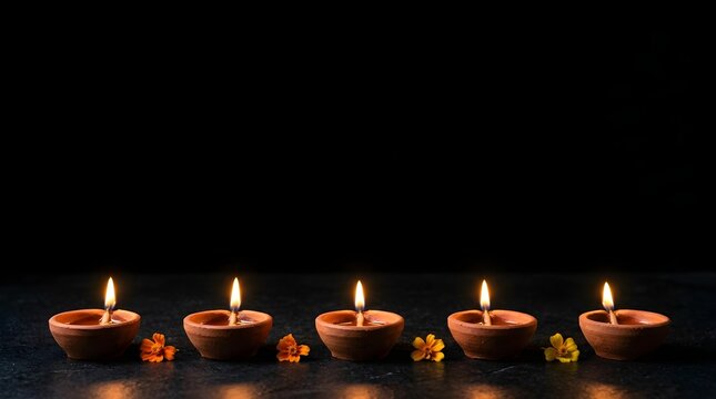 Row of five glowing terracotta clay diya oil lamps lined up with small yellow flowers on dark textured surface with black background.
