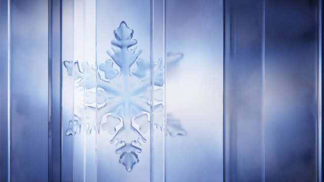 Glass Christmas snowflake behind vertical panels in soft winter light