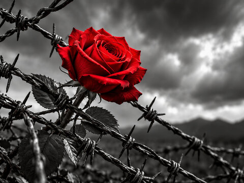 Vivid red rose growing among sharp barbed wire, symbolizing courage, resilience, beauty and hope despite pain and difficult circumstances.