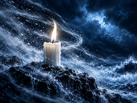 Single burning candle remaining lit in darkness and harsh weather, symbolizing courage, hope, inner strength and perseverance, with surrounding copy space.