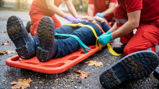 Emergency Medicine: Paramedic team immobilizing injured patient on spine board during outdoor rescue