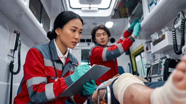 Emergency medicine: Asian paramedics assess an injured patient during urgent ambulance transport