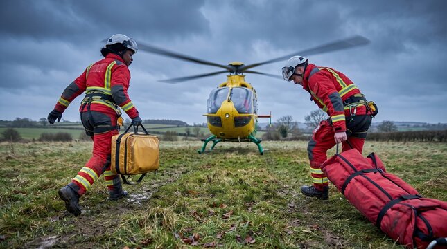 Emergency medicine: Black air ambulance paramedic and colleague carry rescue equipment toward a helicopter