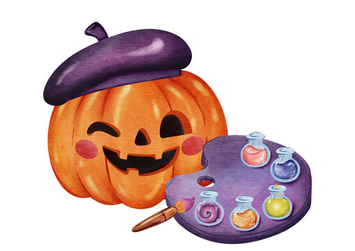 Cute halloween pumpkin artist in purple beret with paint palette and magic potion bottles watercolor illustration isolated on white background