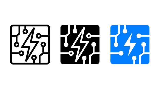 Electrical circuit and lightning bolt chip icon vector graphics