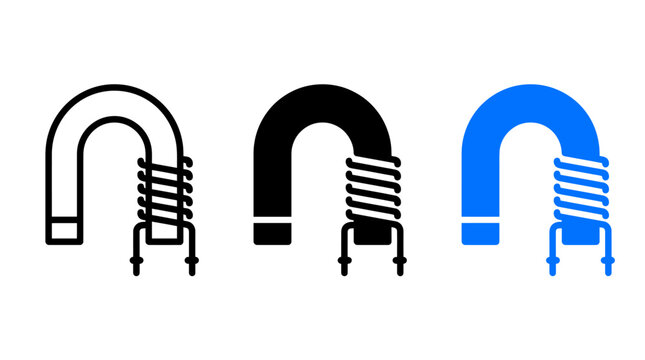 U shaped horseshoe electromagnet coil icon set for physics