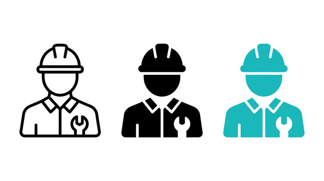 Technician icon with hard hat and wrench in three variations