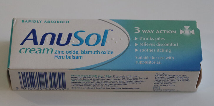 Norwich, United Kingdom - September 6, 2026: Assorted household items and food products photographed inside a private home Anusol cream packaging with 3 way action for piles relief