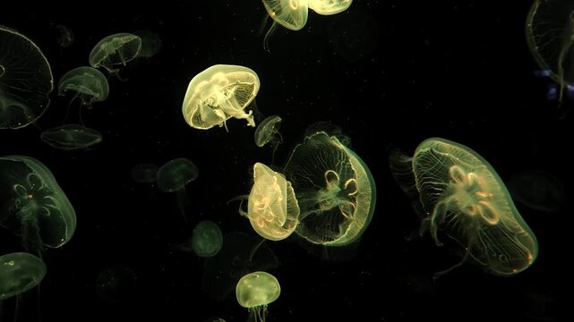 A mesmerizing swarm of moon jellyfish illuminated in an aquarium environment.