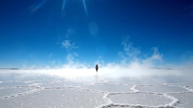 Lone person walking across vast salt flat under bright blue sky with mist