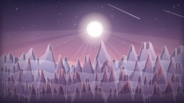 Stylized 2D vector animation of a celestial mountain landscape in pastel purple tones featuring a glowing full moon, starry night sky, falling stars, and a rhythmic drifting atmospheric mist.