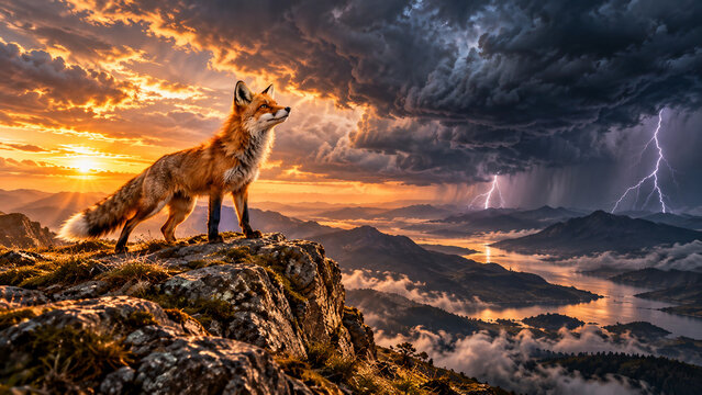 Fox standing boldly on a rocky cliff beneath dramatic storm clouds and lightning, symbolizing courage, resilience and determination in the face of adversity, with copy space.