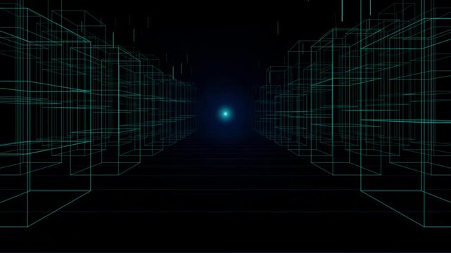 Abstract geometric tunnel with glowing blue light pulsing through digital data structures