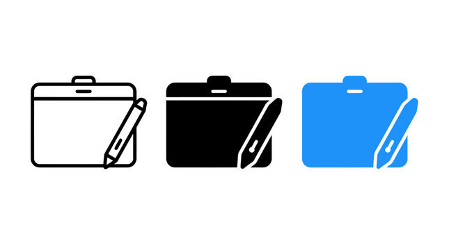 Graphic tablet icon set with stylus pen for digital drawing