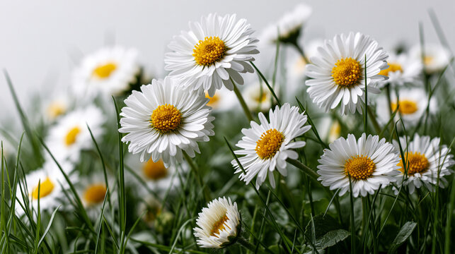 Close up view of white daisies blooming in a grassy field during a spring morning