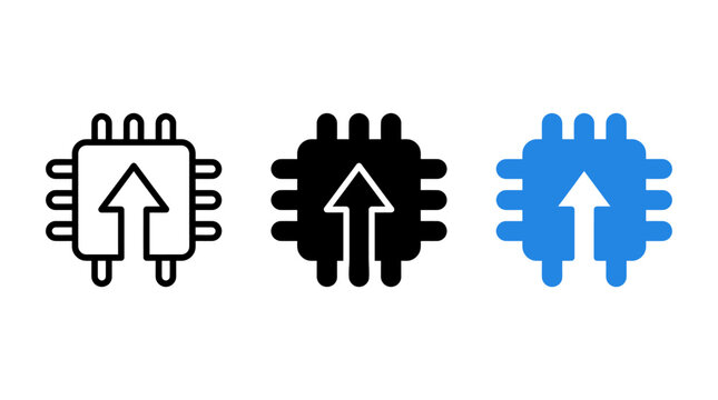 Processor chip upward arrow icon set with processor