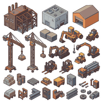 Minimalist Isometric Showcasing Industrial Construction Equipment Warehouse Structures and Heavy Machinery in Earthy Tones
