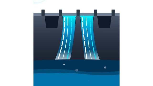 Flat Vector Animation of a Hydroelectric Dam Generating Sustainable Energy from Flowing Water