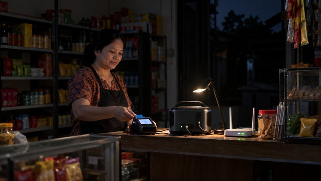Asian Shopkeeper Using Card Reader Powered by Portable Power Station
