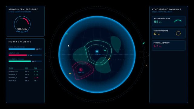 Futuristic Digital Weather Radar Display Interface with Atmospheric Pressure and Dynamics Data