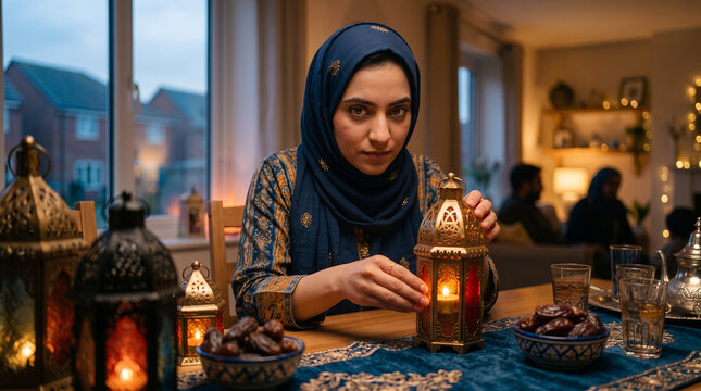 Woman wearing a hijab lighting a traditional glowing lantern on a dining table with dates for ramadan