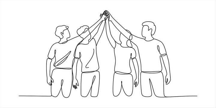 Group of happy friends giving a high five as a symbol of teamwork and unity drawn in a continuous single line style